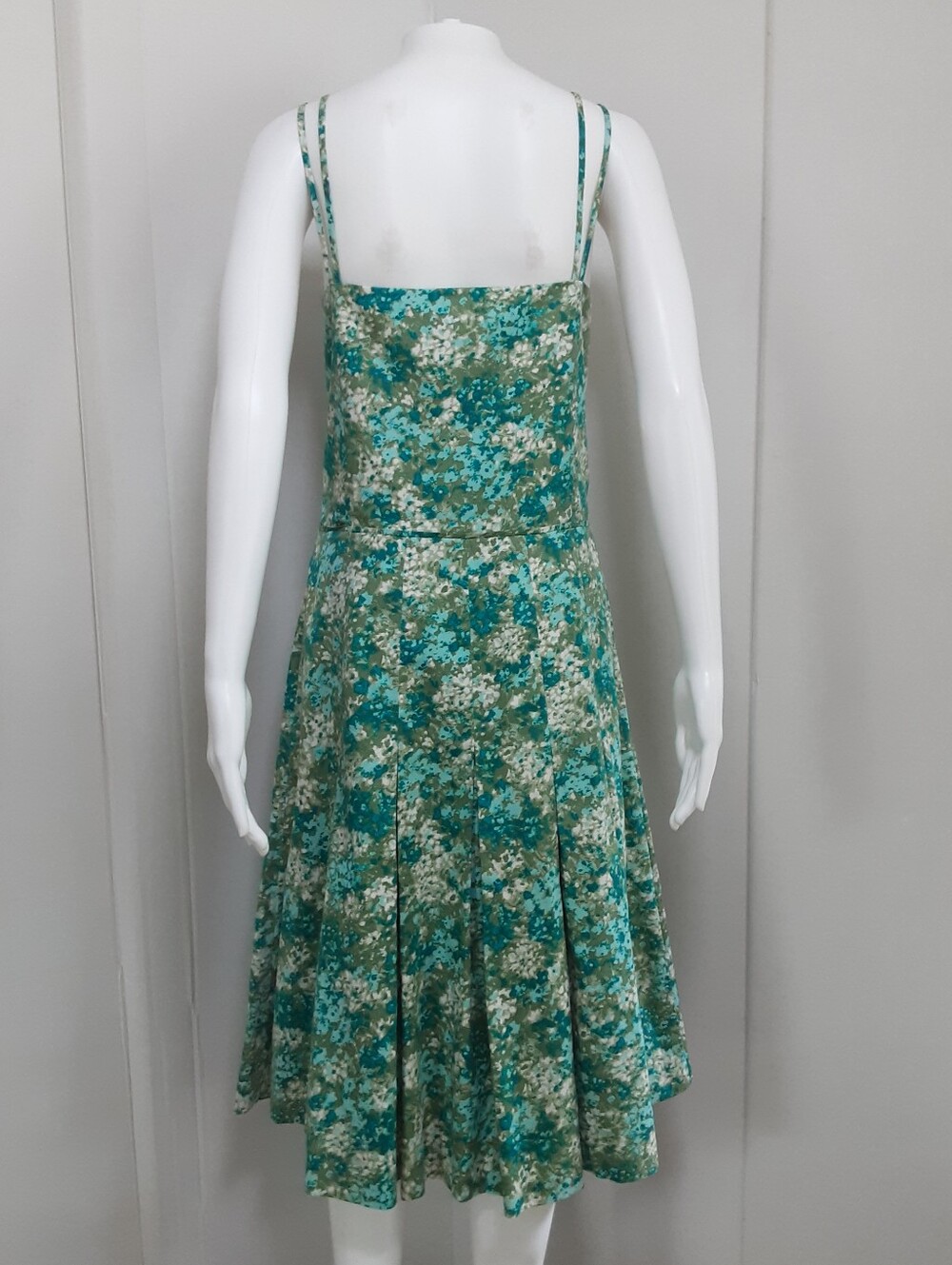 ANN TAYLOR 100% Cotton Emerald Green Floral Fit | Flare Box Pleat Dress Sz 14 - Picture 4 of 10